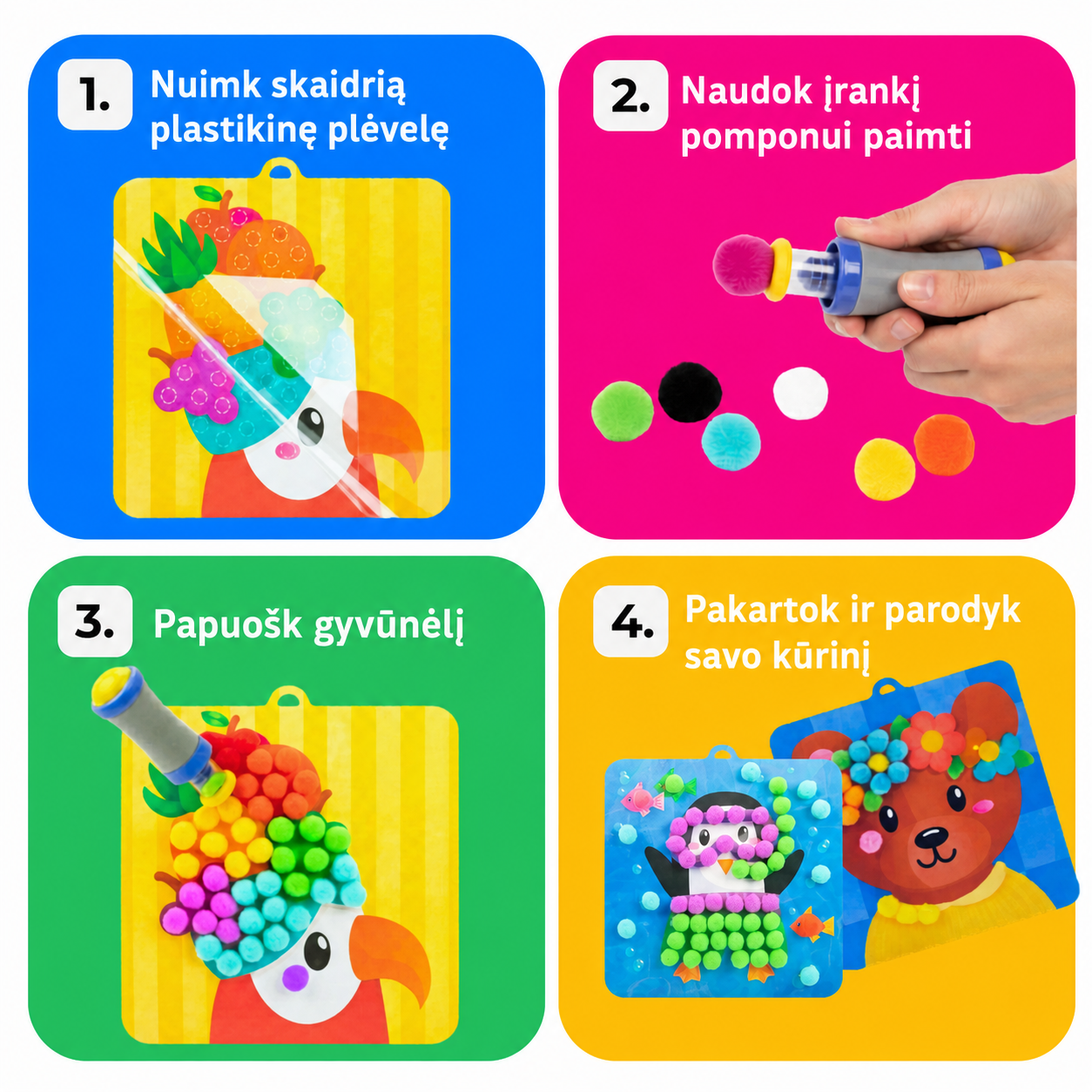 Pom Pom rinkinys – kurkite pūkuotus 3D gyvūnėlius iš minkštų pomponų be jokios netvarkos! (5+ m.)