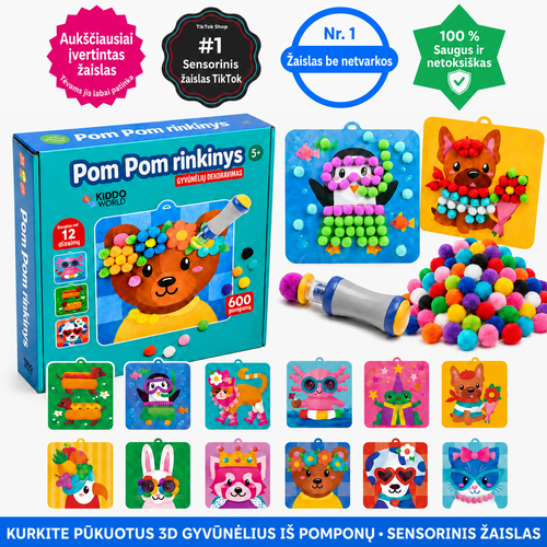 Pom Pom rinkinys – kurkite pūkuotus 3D gyvūnėlius iš minkštų pomponų be jokios netvarkos! (5+ m.)