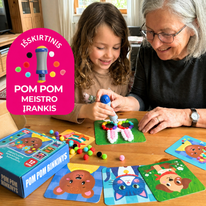Pom Pom rinkinys – kurkite pūkuotus 3D gyvūnėlius iš minkštų pomponų be jokios netvarkos! (5+ m.)