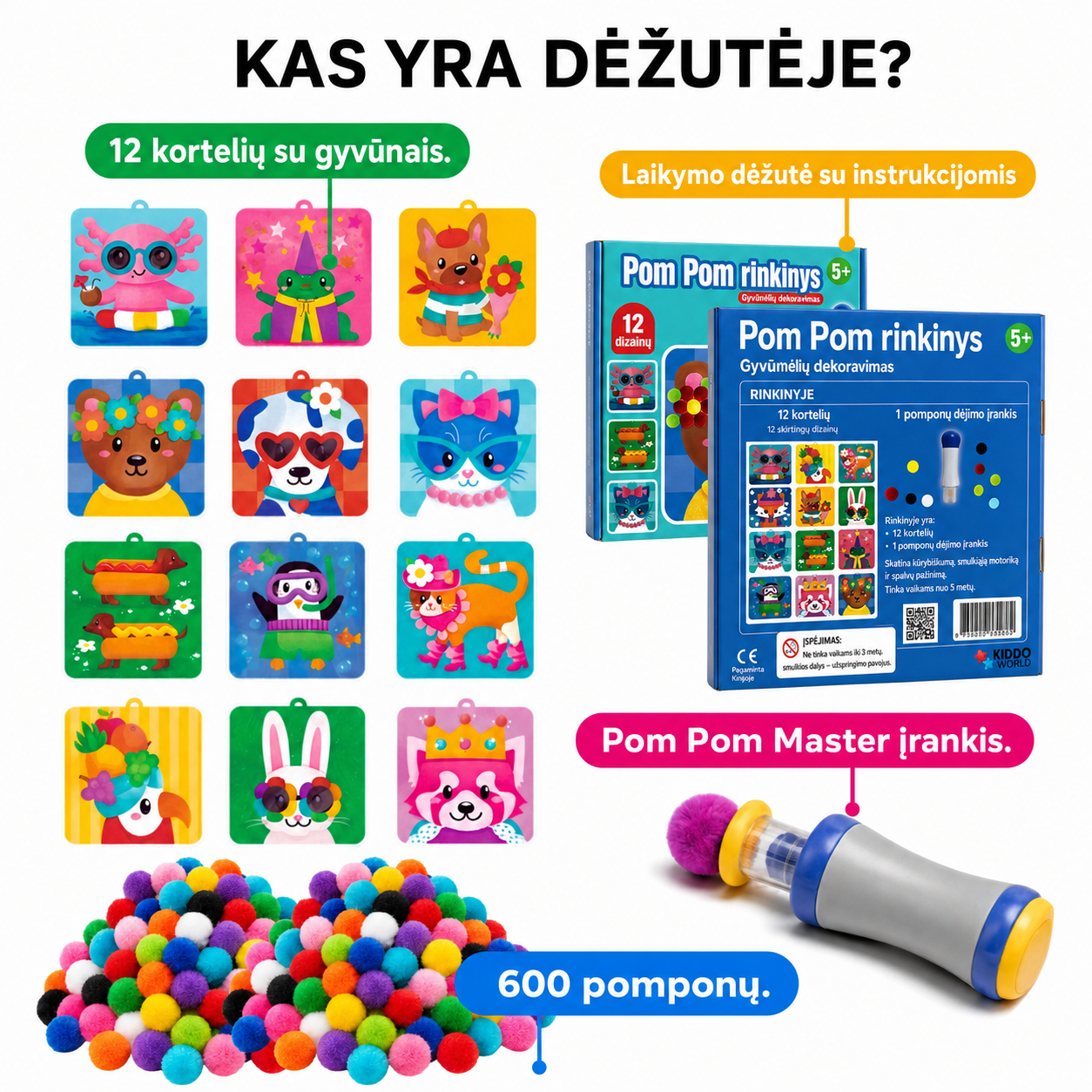 Pom Pom rinkinys – kurkite pūkuotus 3D gyvūnėlius iš minkštų pomponų be jokios netvarkos! (5+ m.)