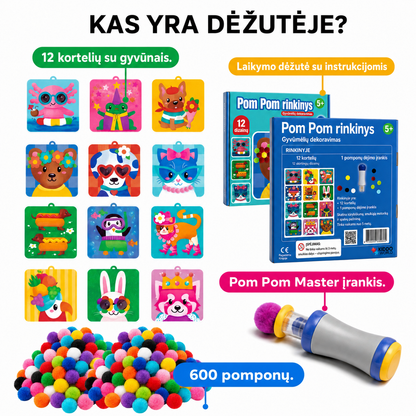 Pom Pom rinkinys – kurkite pūkuotus 3D gyvūnėlius iš minkštų pomponų be jokios netvarkos! (5+ m.)