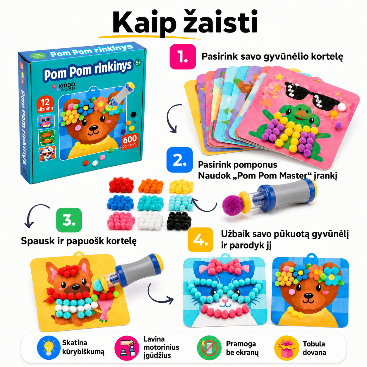 Pom Pom rinkinys – kurkite pūkuotus 3D gyvūnėlius iš minkštų pomponų be jokios netvarkos! (5+ m.)