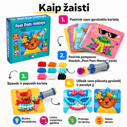 Pom Pom rinkinys – kurkite pūkuotus 3D gyvūnėlius iš minkštų pomponų be jokios netvarkos! (5+ m.)
